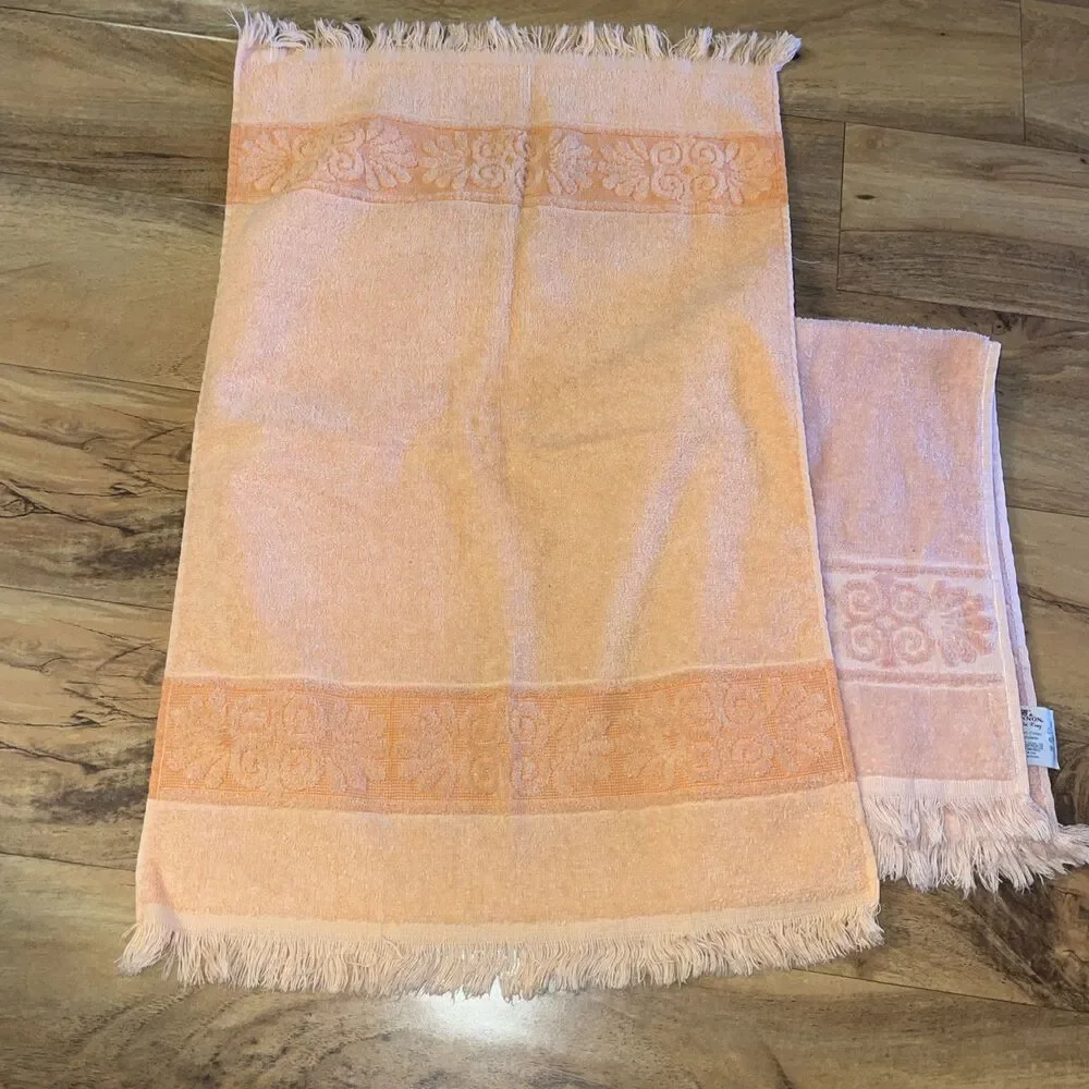 Vtg Cannon Monticello Santa Cruz Hand Towel Set Peach Pink Sculpted Fringe